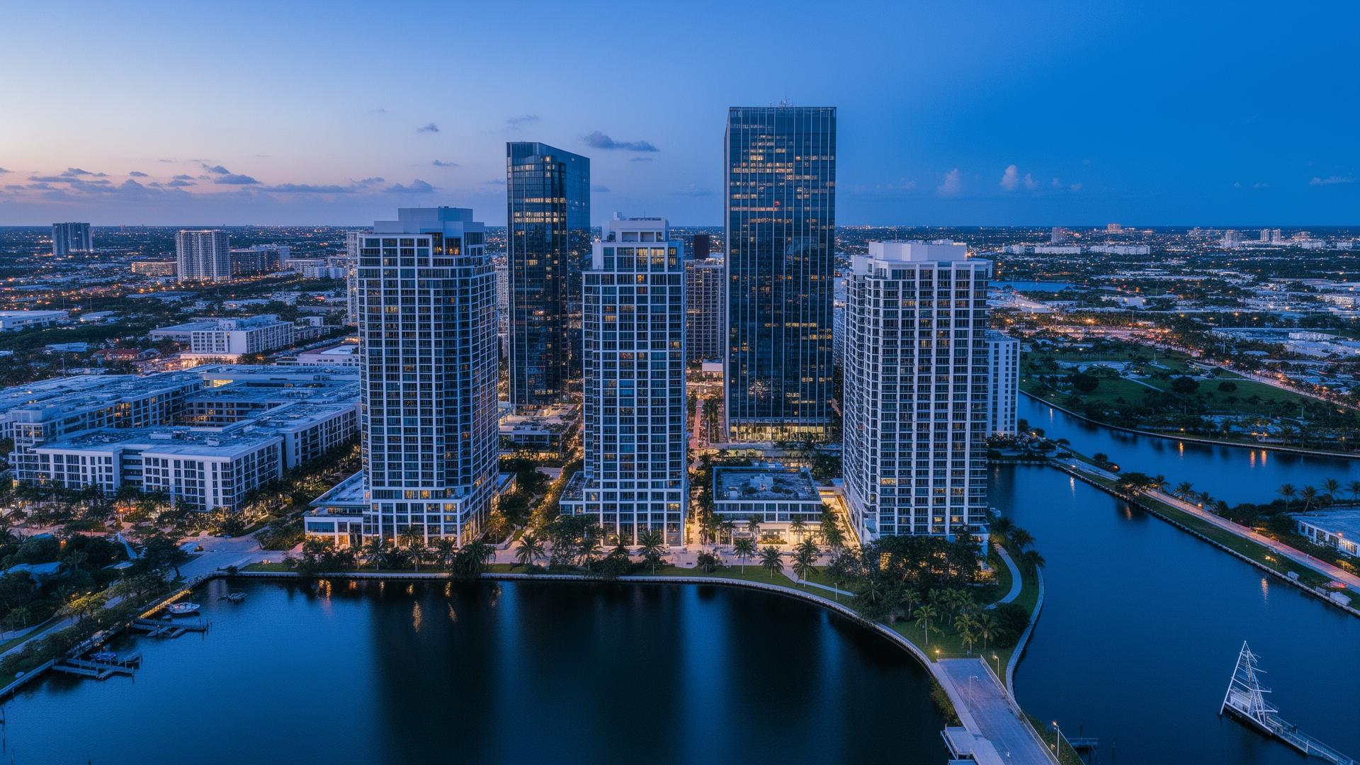 South Florida skyline at twilight — the Miramar / Broward business corridor